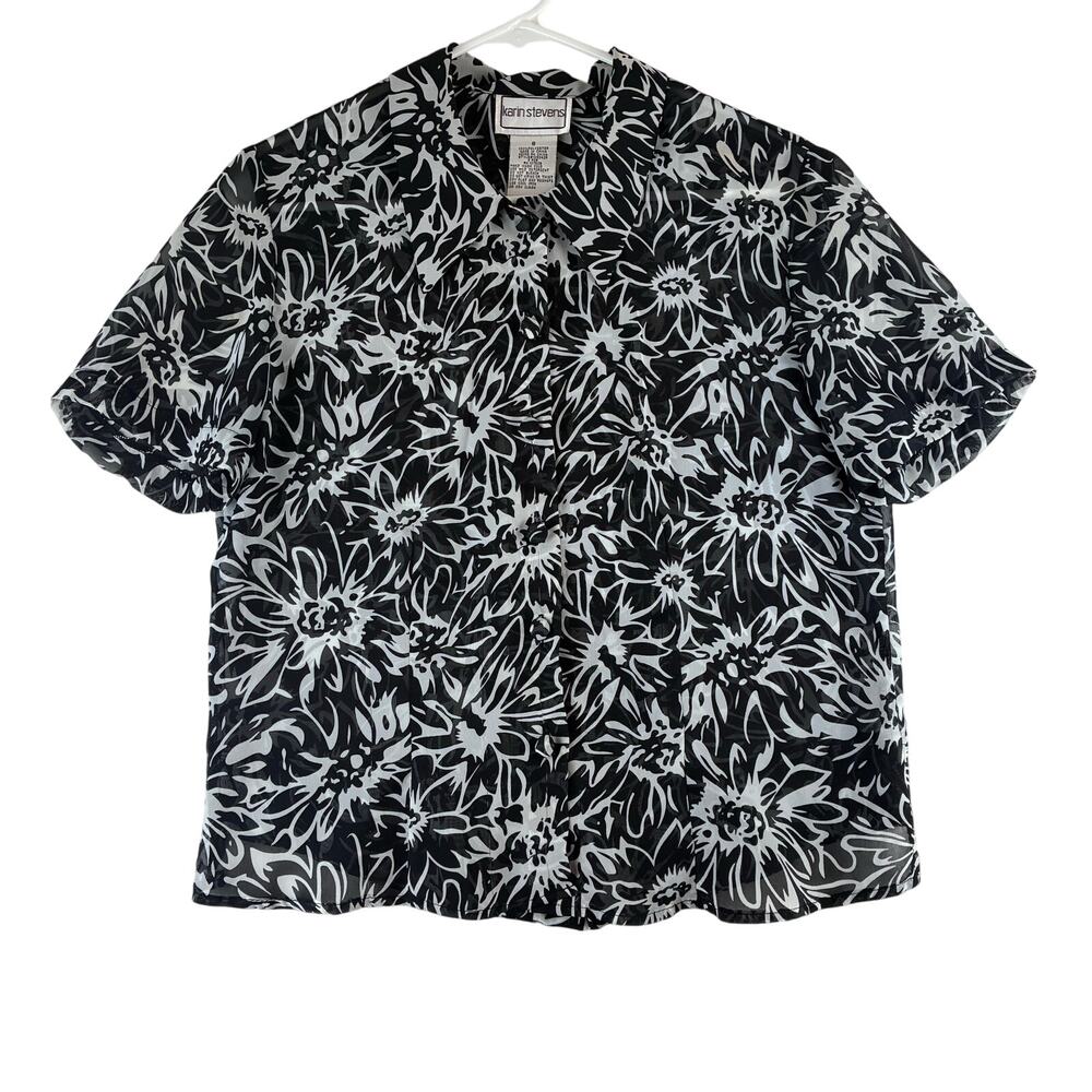 Vintage Karin Stevens Short Sleeve Button Up Women's 8 Med Floral Resort Sheer